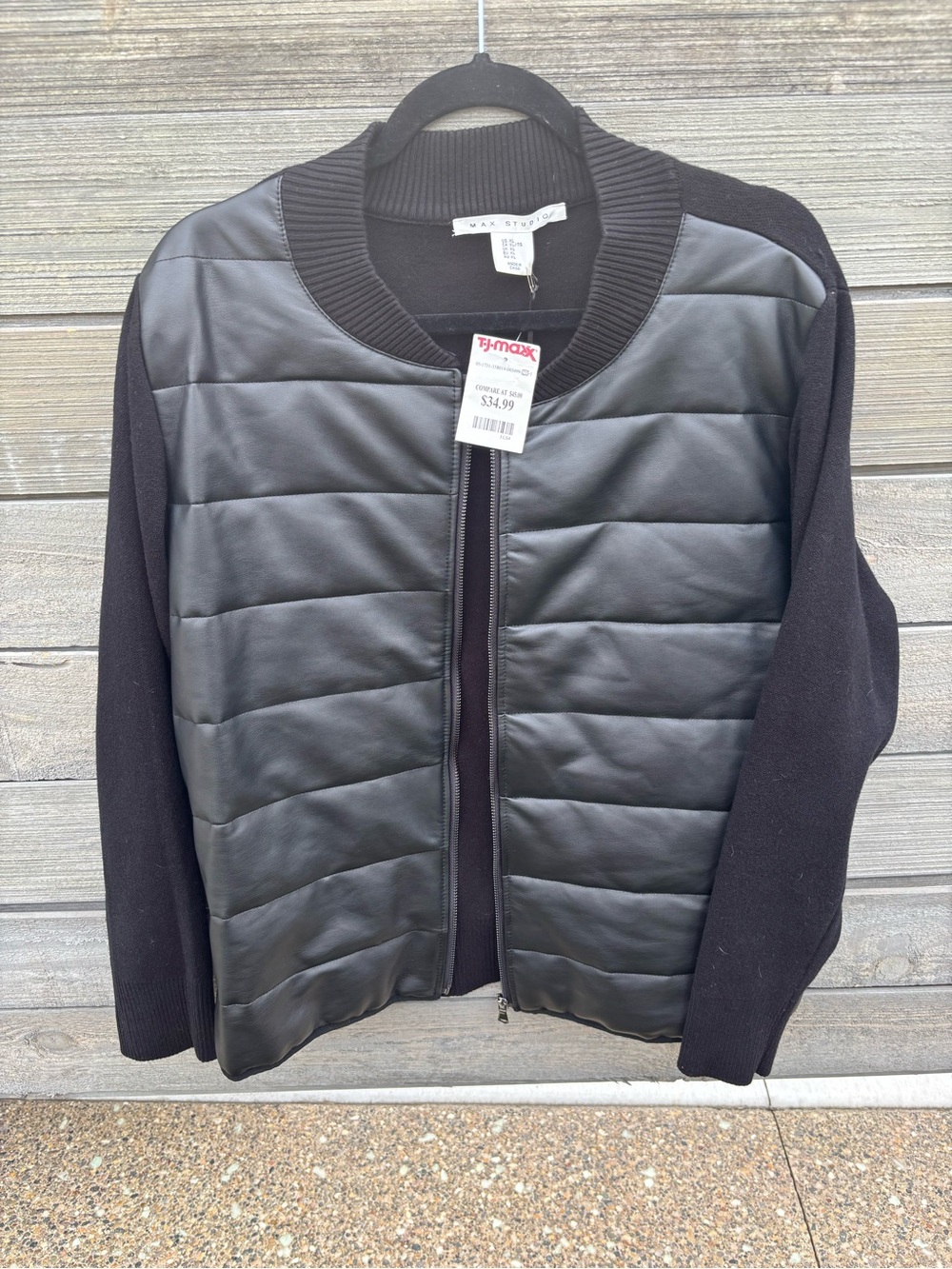 Max Studio Black Quilted Faux-Leather Front Bomber Jacket